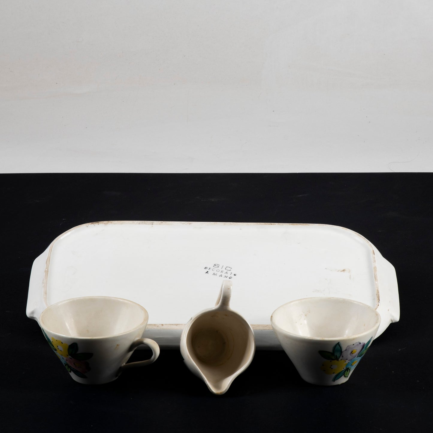 Set tazzine vassoio e lattiera firmate SIC decorate a mano Italia 1950