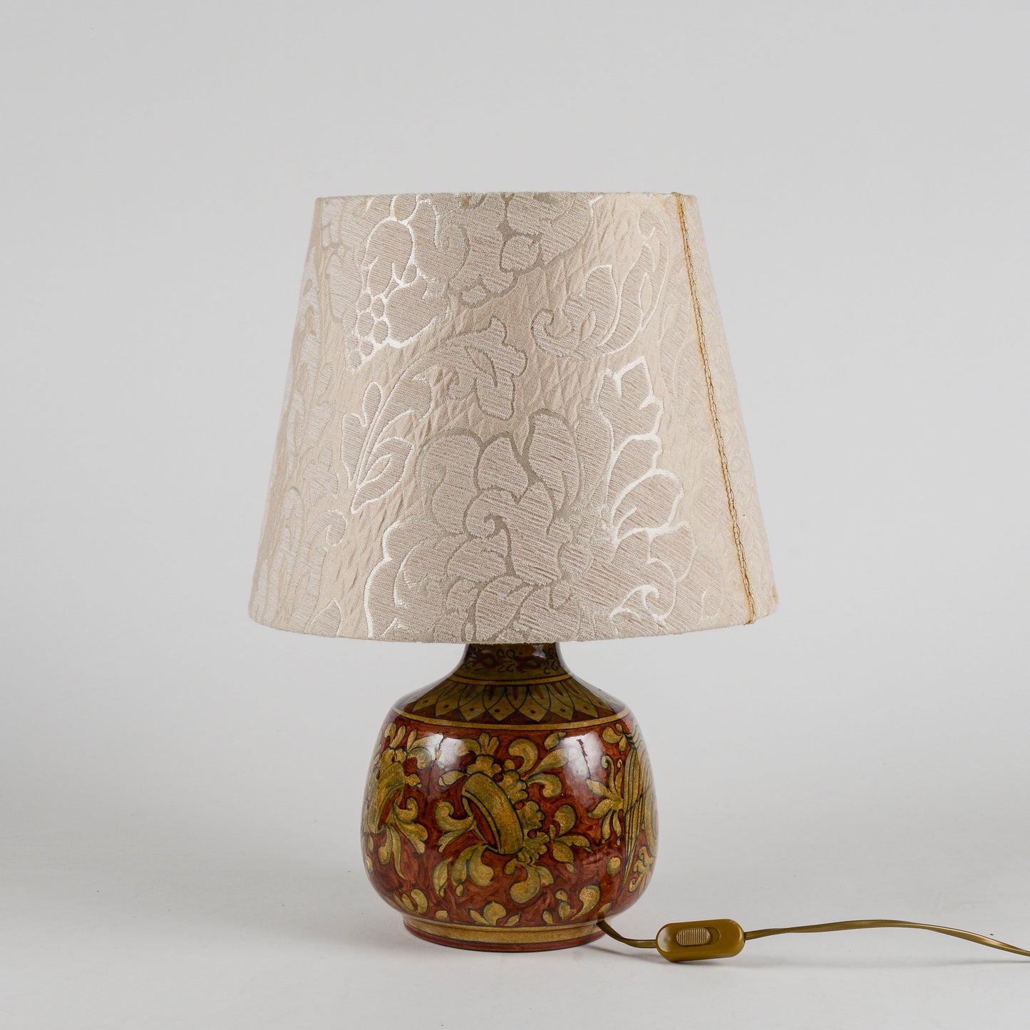 Lampada da appoggio vintage in ceramica smaltata funzionante con cappa damascata
