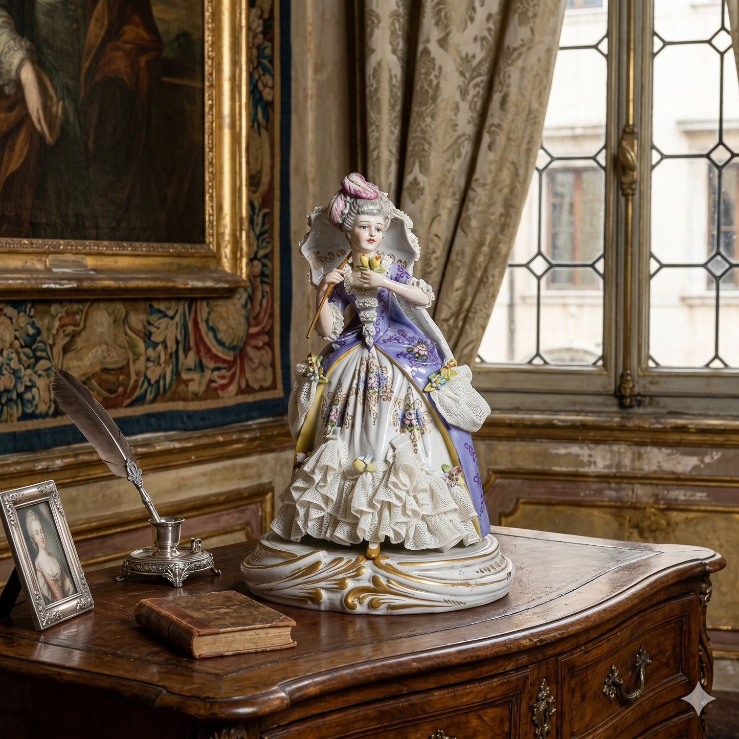 scultura ceramica capodimonte dama con ombrello XX secolo