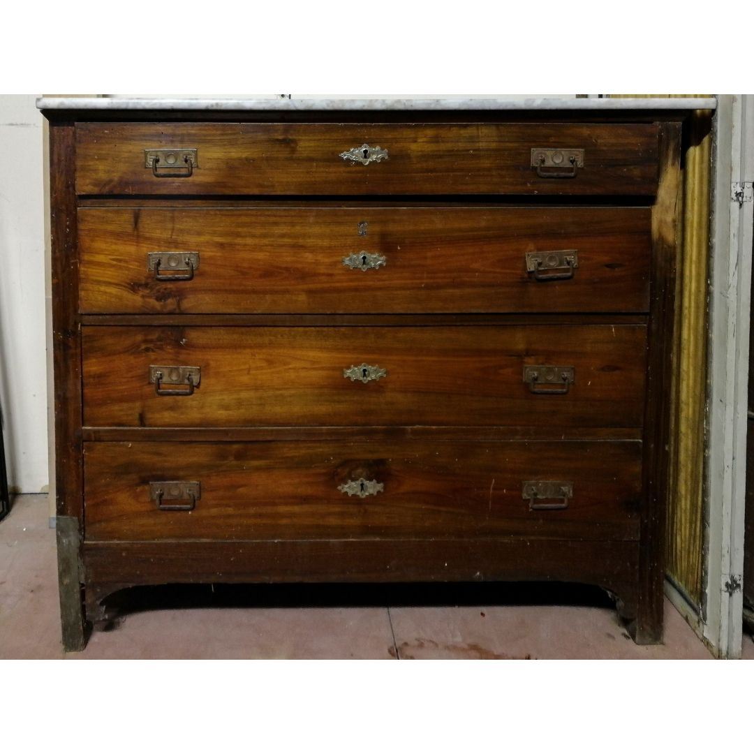 Como cassettiera in noce massello 4 cassetti piano in marmo bianco e grigio Italia 1930 da restaurare