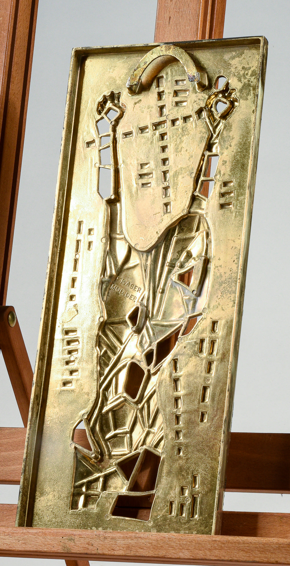 Placca in ottone raffigurante Gesù Cristo in croce design moderno anni 70 Fraser
