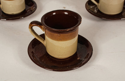 SERVIZIO DA CAFFé IN TERRACOTTA SMALTATA MARRONE E GIALLO CREMA ITALIA 1970