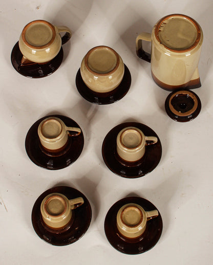 SERVIZIO DA CAFFé IN TERRACOTTA SMALTATA MARRONE E GIALLO CREMA ITALIA 1970