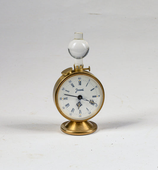 Sveglia orologio Jaccard in metallo dorato con piccola ampolla originale vintage