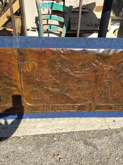 Quadro sbalzato su  pannelli in rame: le quattro stagioni e i segni zodiacali Italia 1970