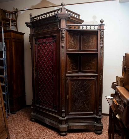 Credenza scantonata libreria 3 ante legno massello griglia in metallo epoca 1890
