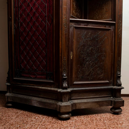 Credenza scantonata libreria 3 ante legno massello griglia in metallo epoca 1890
