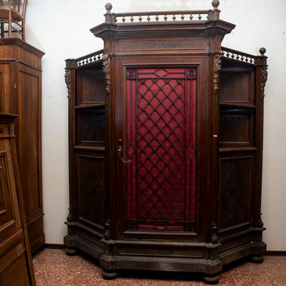 Credenza scantonata libreria 3 ante legno massello griglia in metallo epoca 1890