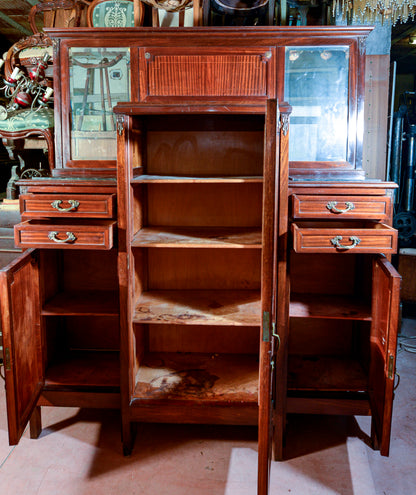 Credenza con vetrina centrale piani in marmo nero intarsi impellicciata epoca Liberty