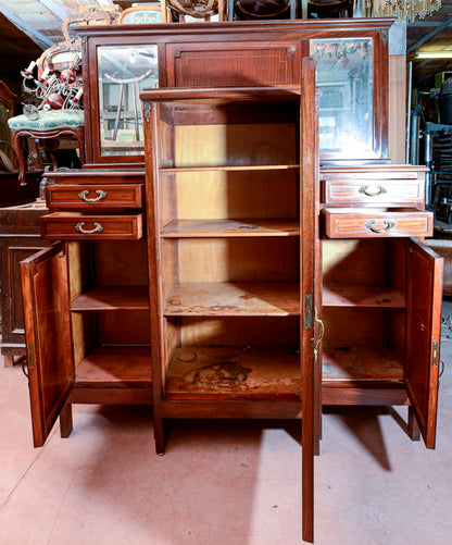 Credenza con vetrina centrale piani in marmo nero intarsi impellicciata epoca Liberty