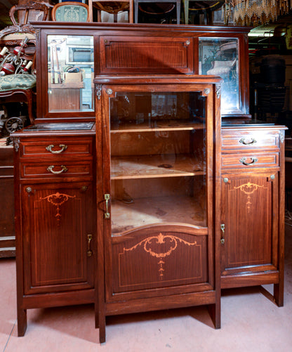 Credenza con vetrina centrale piani in marmo nero intarsi impellicciata epoca Liberty