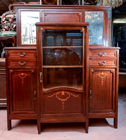 Credenza con vetrina centrale piani in marmo nero intarsi impellicciata epoca Liberty