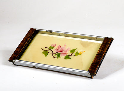 Vassoio piccolo in metallo e  legno anni  50 con fiore dipinti
