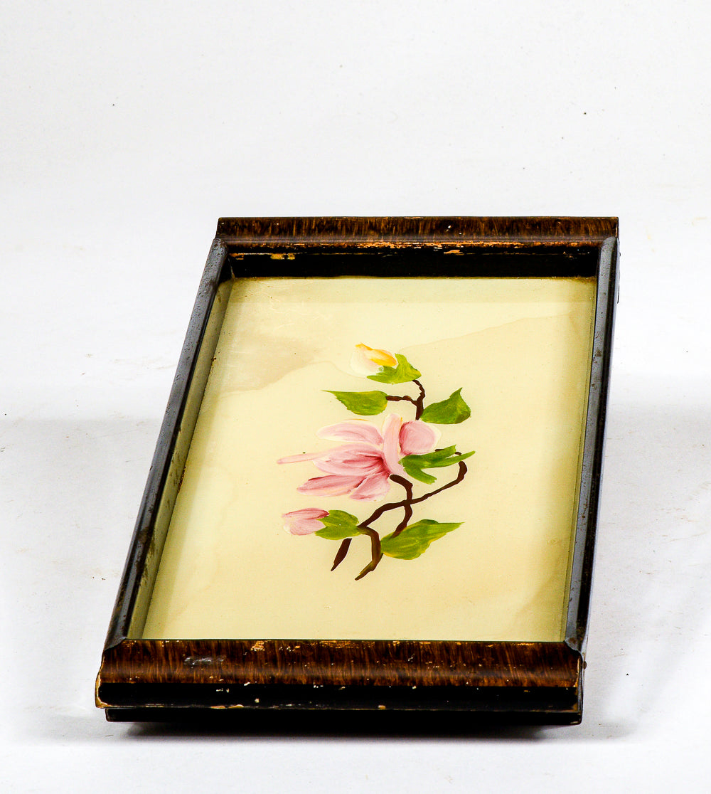 Vassoio piccolo in metallo e  legno anni  50 con fiore dipinti
