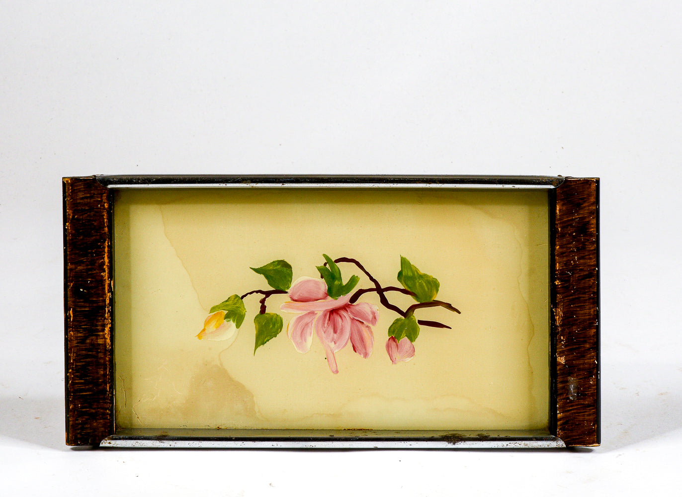 Vassoio piccolo in metallo e  legno anni  50 con fiore dipinti