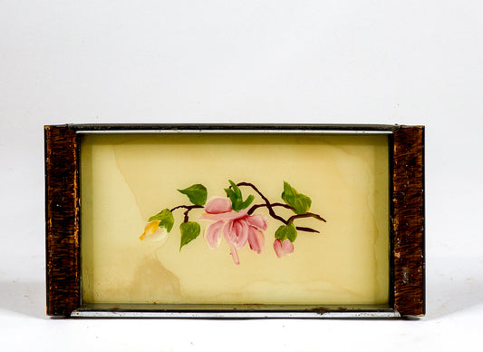Vassoio piccolo in metallo e  legno anni  50 con fiore dipinti
