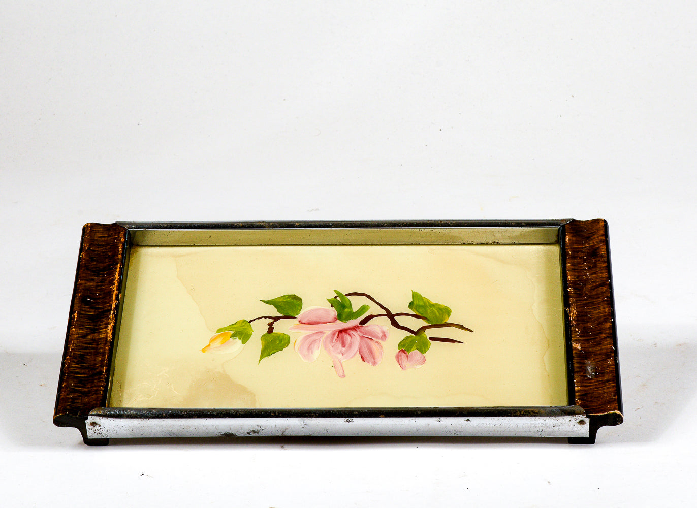 Vassoio piccolo in metallo e  legno anni  50 con fiore dipinti