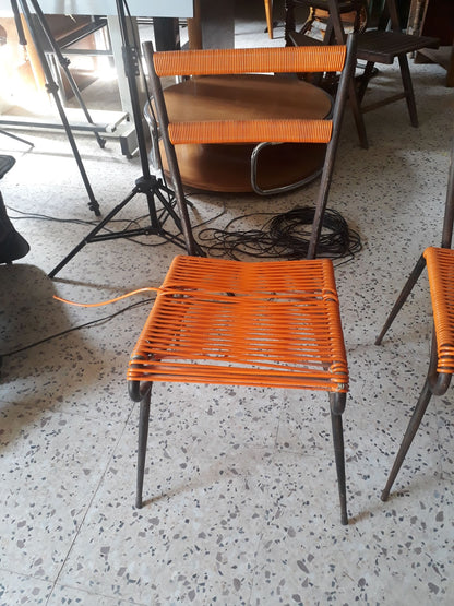 SEDIA IN METALLO CON SEDUTA IN PLASTICA INTRECCIATA ORIGINALE ANNI 60 DA RESTAURARE.