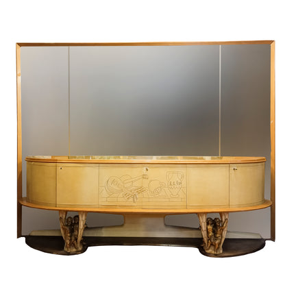 credenza in pergamena con grande specchio artigiani canturini