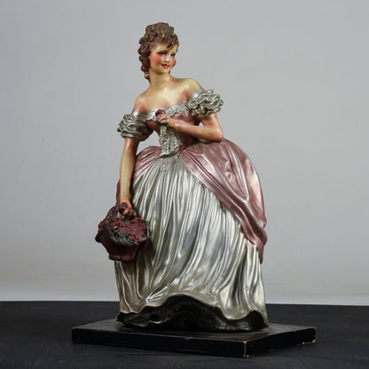 scultura Cacciapuoti donna ragazza con cestino di fiori dama ceramica