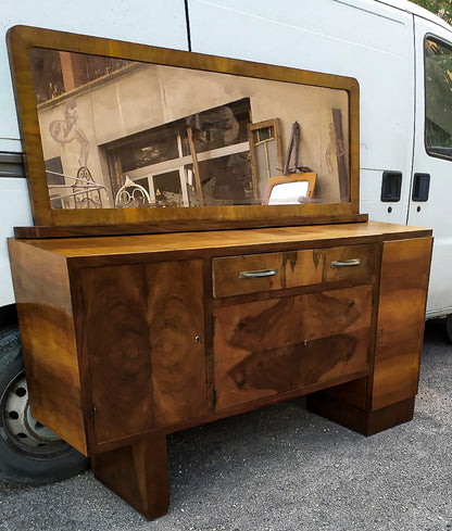 Credenza con specchiera  impellicciata in noce design Italiano Art Decò