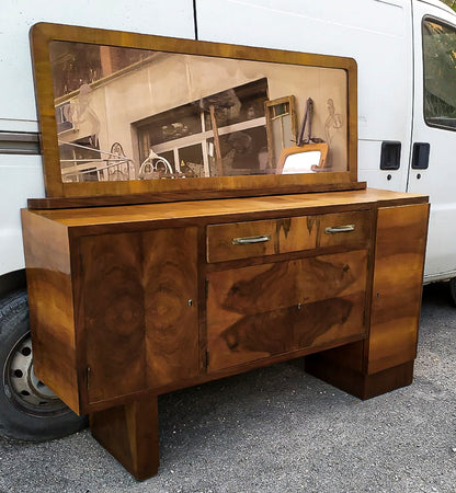 Credenza con specchiera  impellicciata in noce design Italiano Art Decò