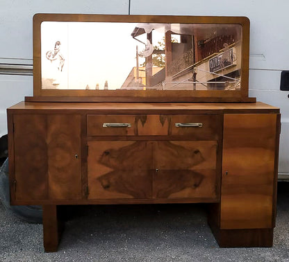 Credenza con specchiera  impellicciata in noce design Italiano Art Decò