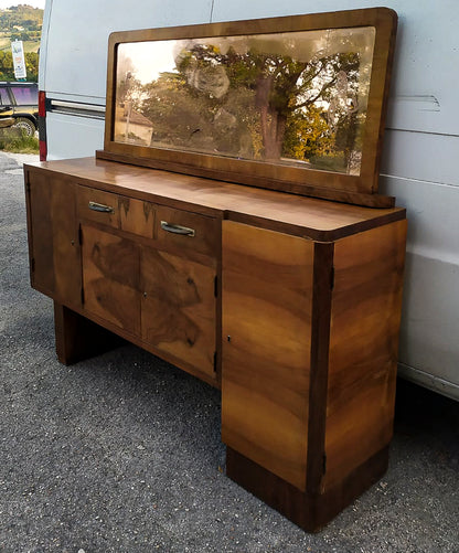 Credenza con specchiera  impellicciata in noce design Italiano Art Decò