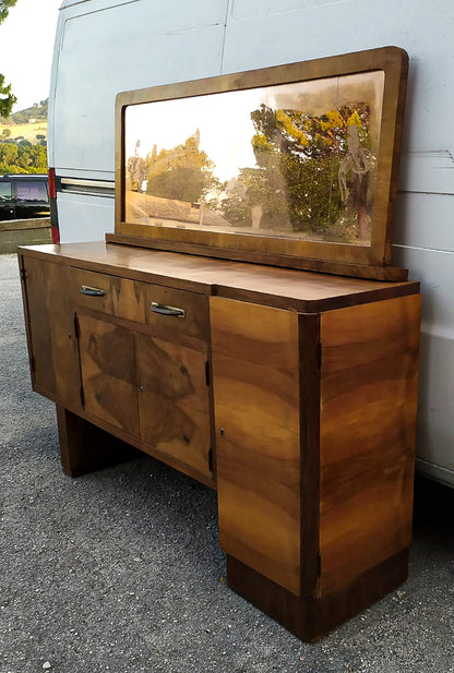 Credenza con specchiera  impellicciata in noce design Italiano Art Decò