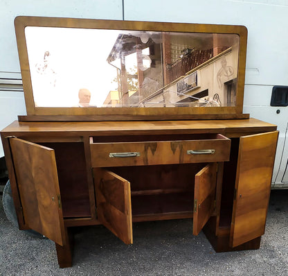 Credenza con specchiera  impellicciata in noce design Italiano Art Decò