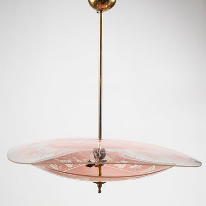 Lampadario mid century in vetro rosa e trasparente