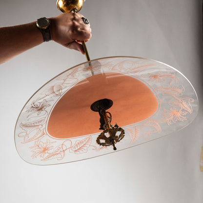 Lampadario mid century in vetro rosa e trasparente