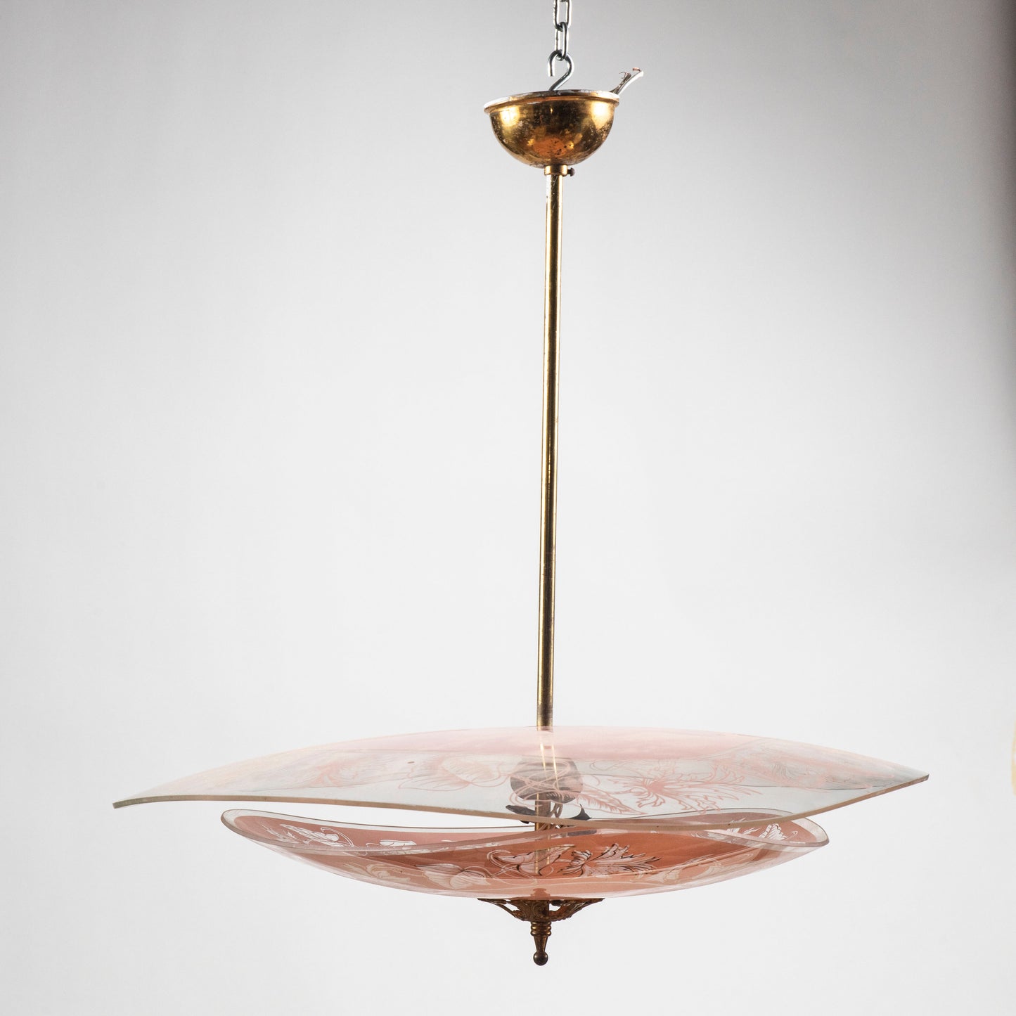 Lampadario mid century in vetro rosa e trasparente