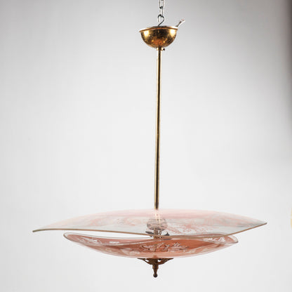 Lampadario mid century in vetro rosa e trasparente