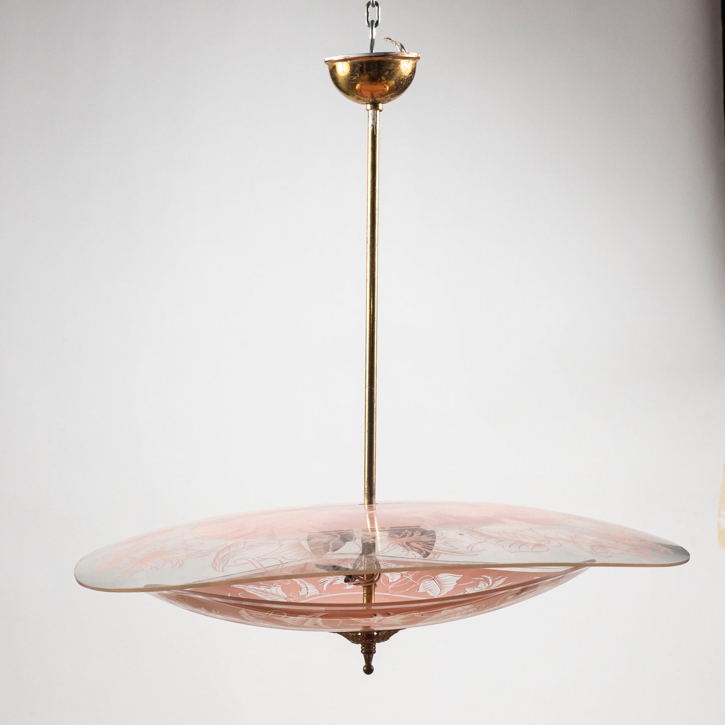 Lampadario mid century in vetro rosa e trasparente