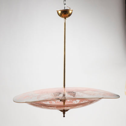 Lampadario mid century in vetro rosa e trasparente
