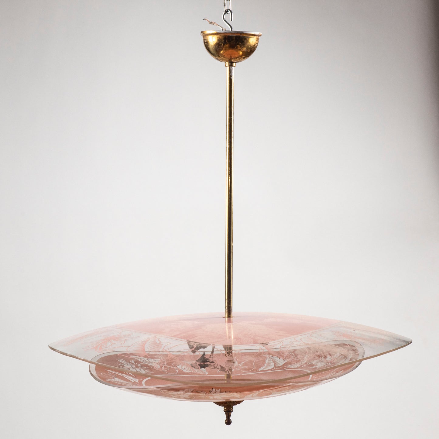 Lampadario mid century in vetro rosa e trasparente