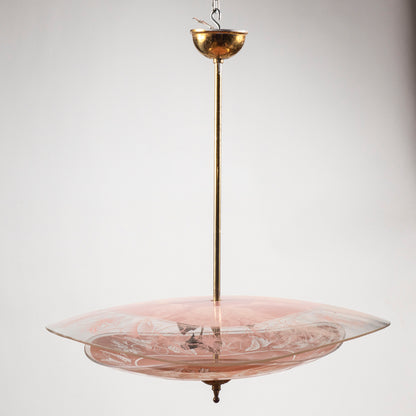 Lampadario mid century in vetro rosa e trasparente