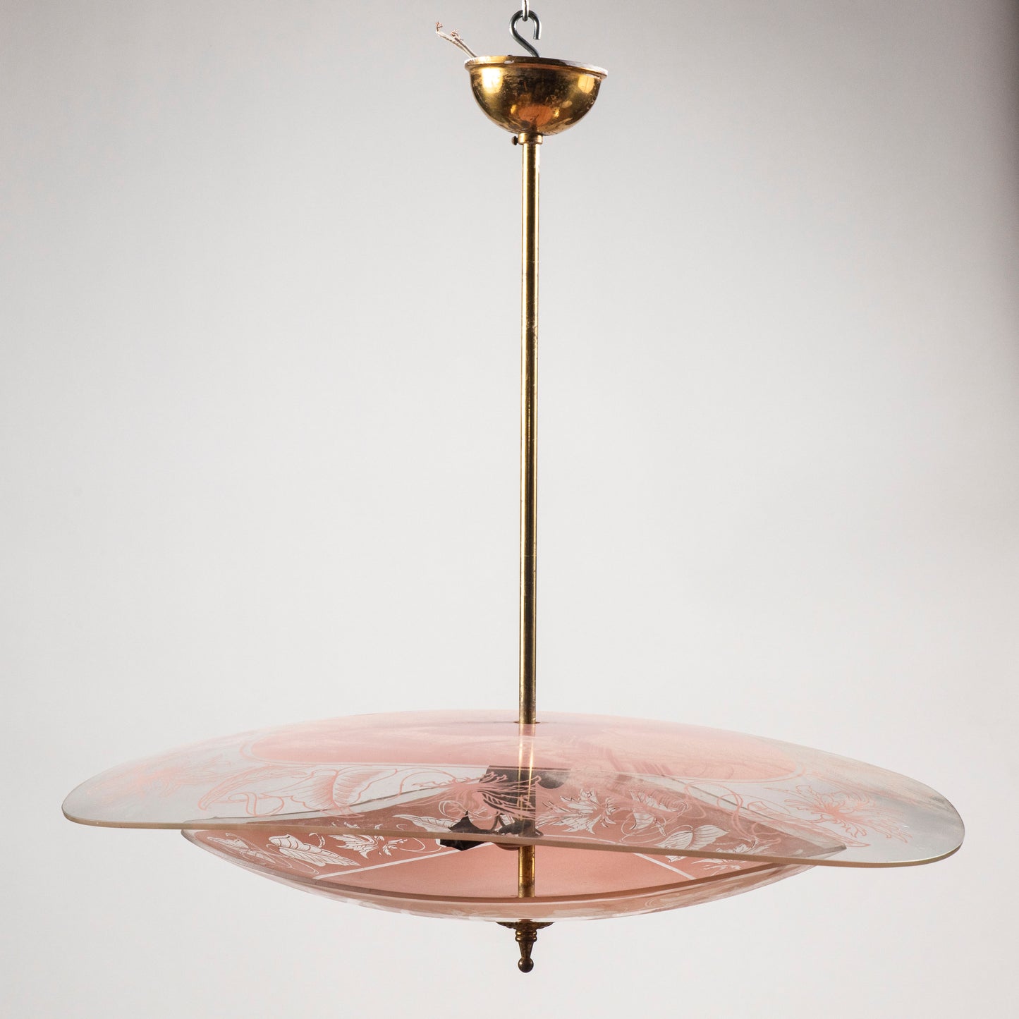 Lampadario mid century in vetro rosa e trasparente