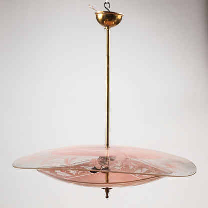Lampadario mid century in vetro rosa e trasparente