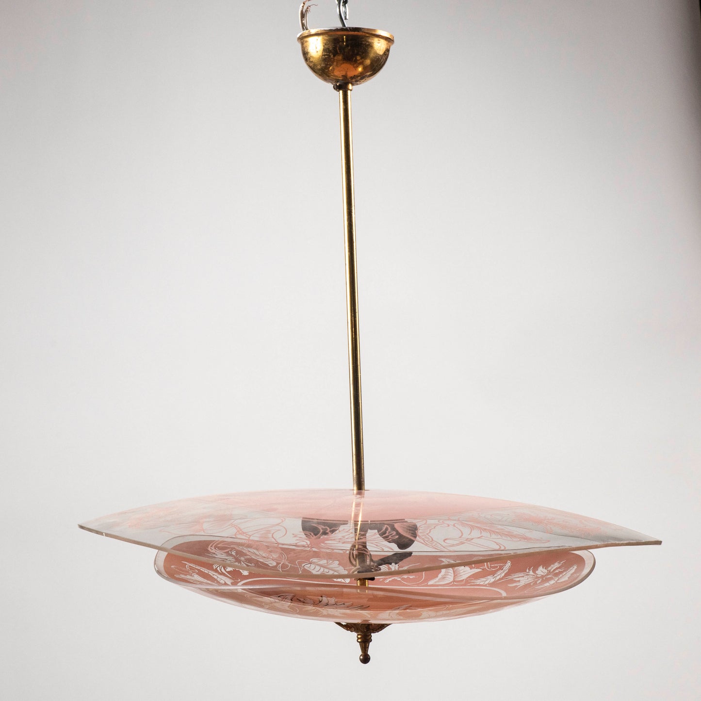Lampadario mid century in vetro rosa e trasparente