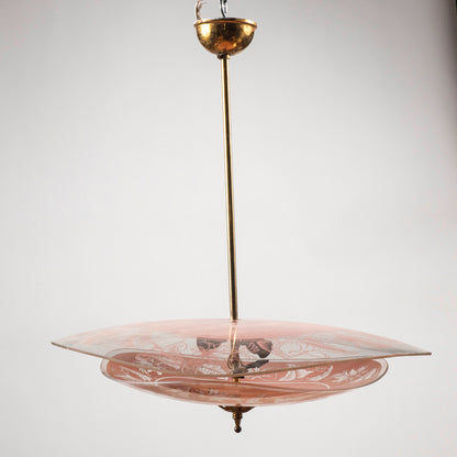 Lampadario mid century in vetro rosa e trasparente