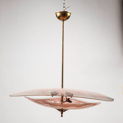 Lampadario mid century in vetro rosa e trasparente