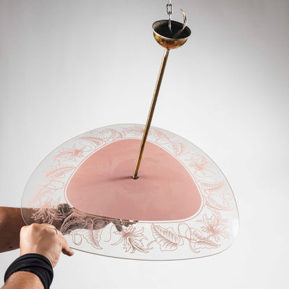 Lampadario mid century in vetro rosa e trasparente