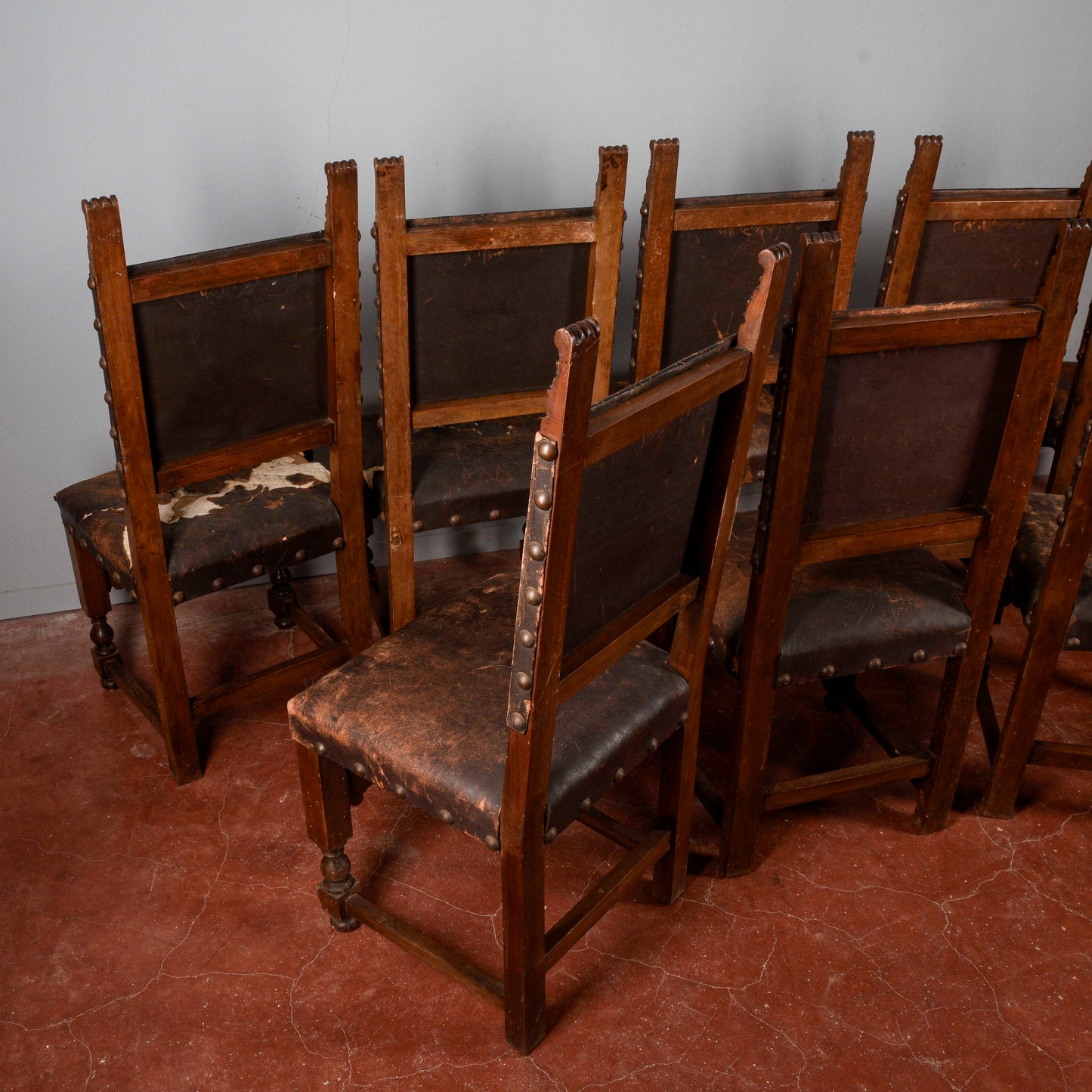 Set 8 sedie a rocchetto stile rinascimentali a cartella da restaurare