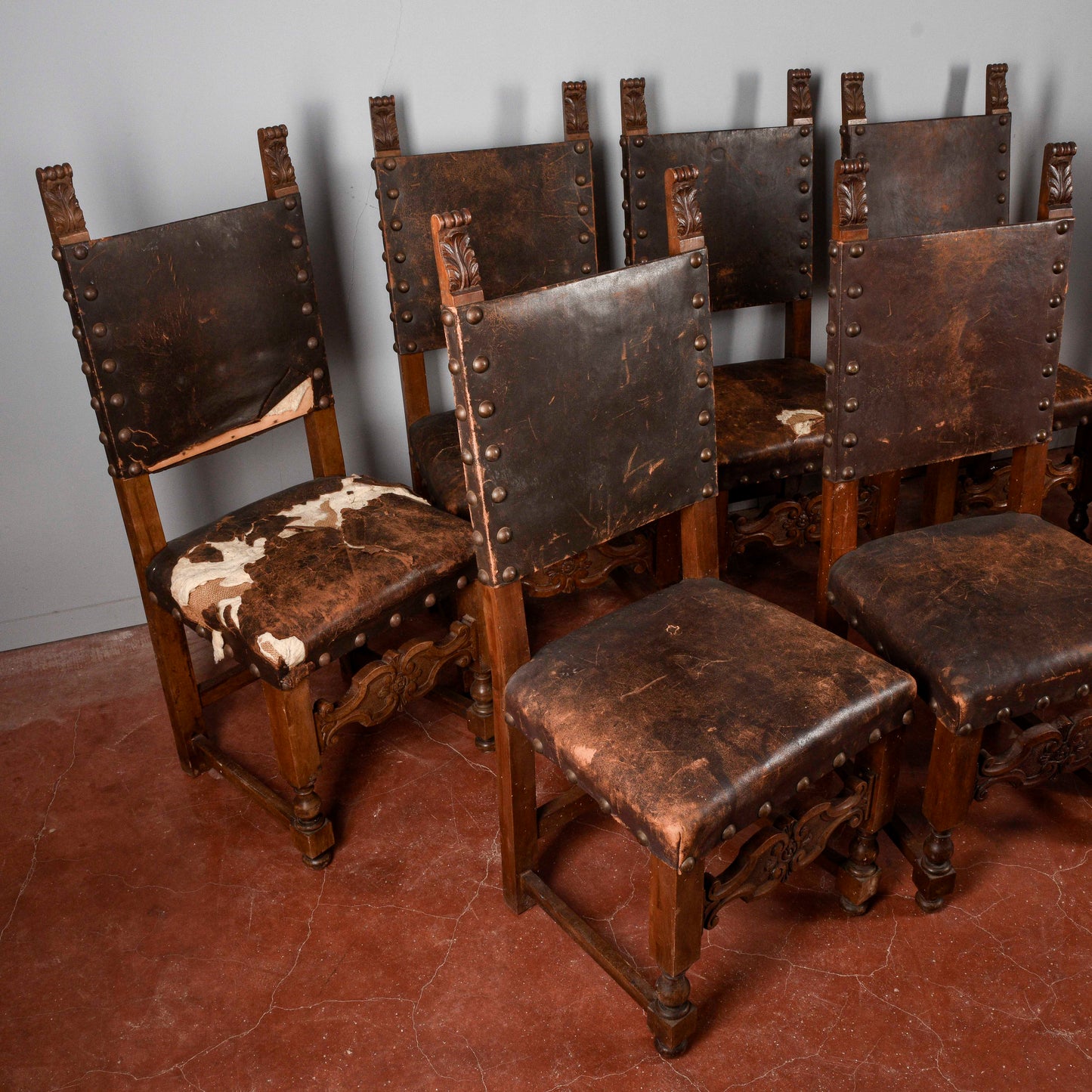 Set 8 sedie a rocchetto stile rinascimentali a cartella da restaurare