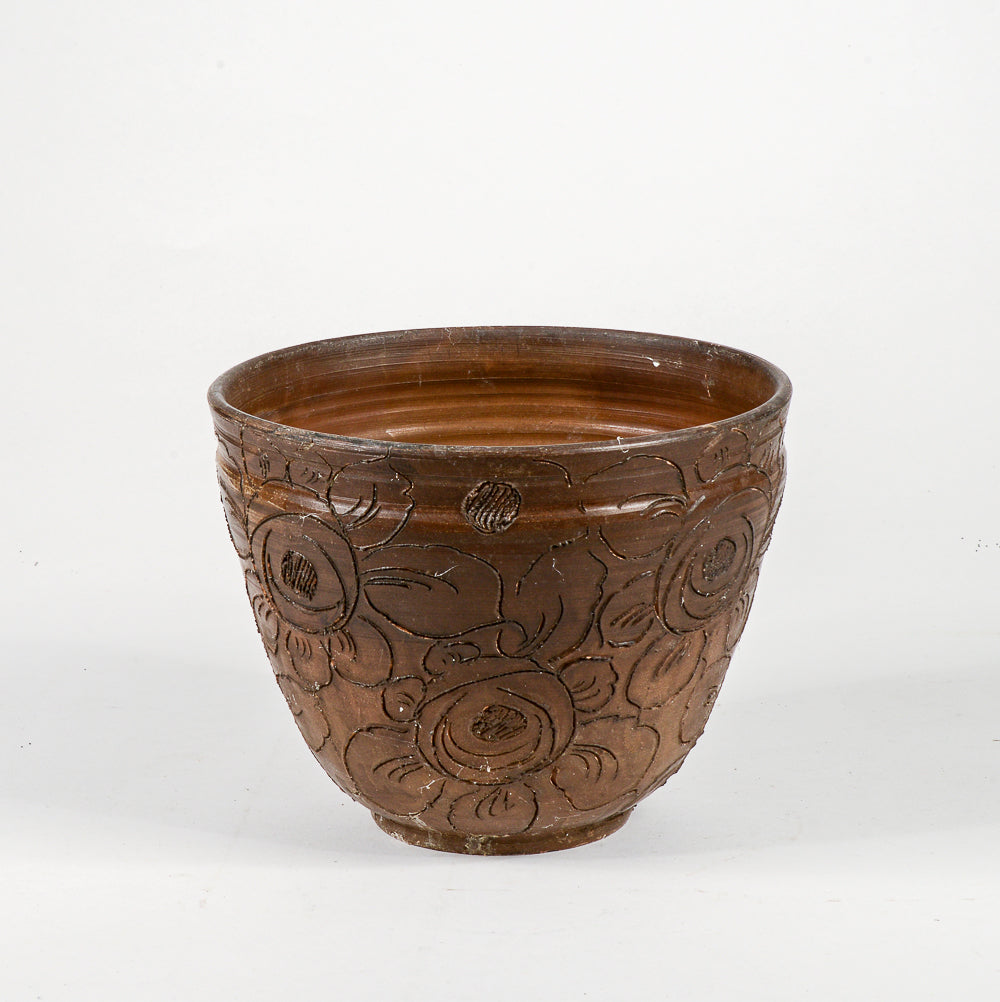 Vaso cash pot in terracotta con decori floreali epoca 1950 .