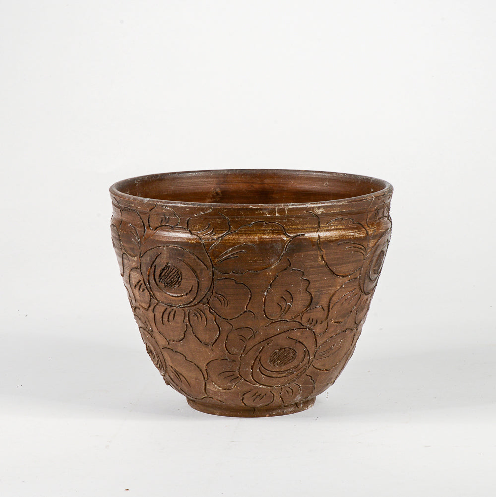 Vaso cash pot in terracotta con decori floreali epoca 1950 .