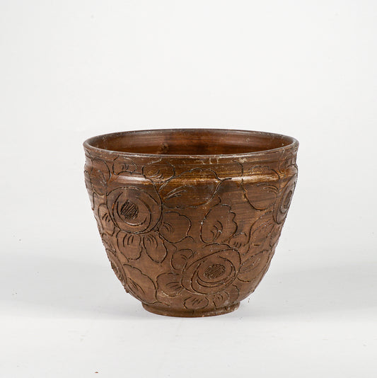 Vaso cash pot in terracotta con decori floreali epoca 1950 .