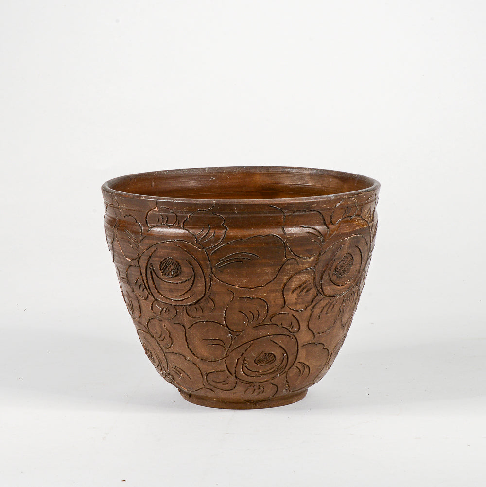 Vaso cash pot in terracotta con decori floreali epoca 1950 .